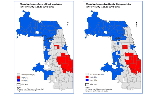 Maps comparing the geographic locations of Black mortality from COVID-19 in Chicago, comparing household populations versus long-term care facility populations.