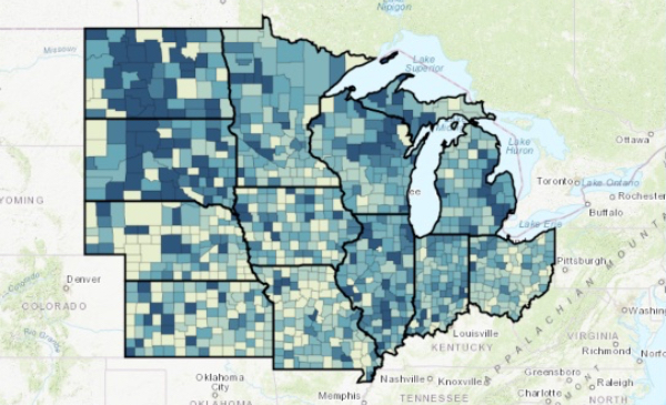 A map showing the total number of COVID-19 infections in Midwest counties.