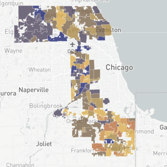 A screenshot of a map from the Cook County Health Atlas, showing rates of data for health issues across the county.